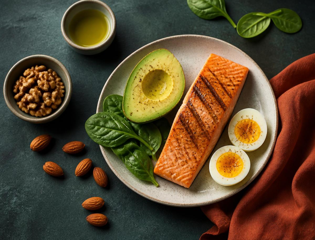 Prato com salmão grelhado, abacate, ovos, folhas verdes, azeite e oleaginosas