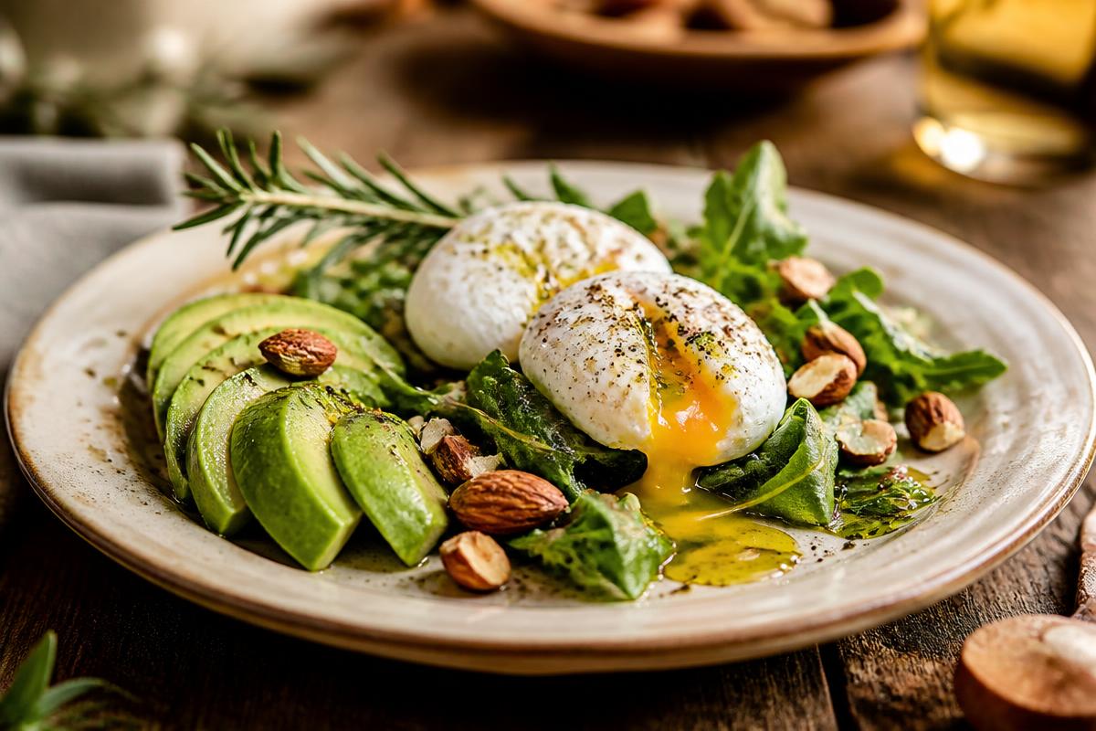 Prato keto com abacate, ovos e folhas verdes